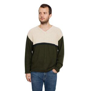 Vintage 90's Icebox Men's V-Neck Sweater Green & Beige Colorblock M